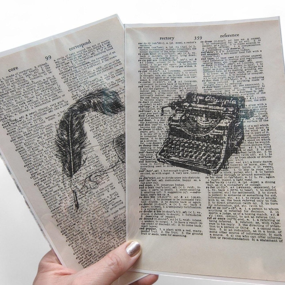 Dictionary Art Prints Set of 2 • Quill & Typewriter • Vintage Bookish Wall Decor